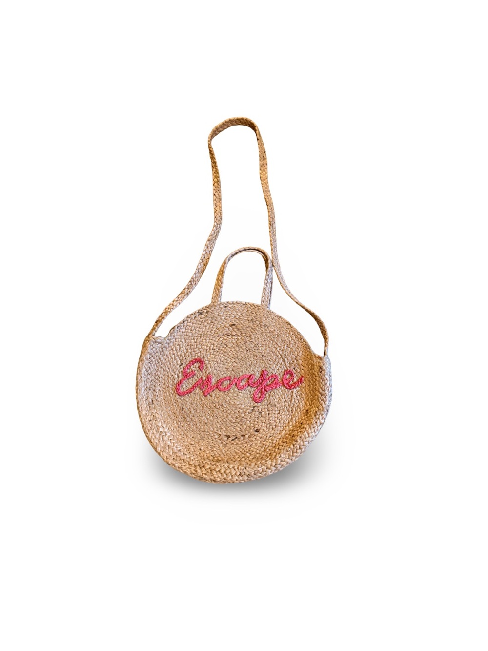 Shiraleah Natural Straw Round Shoulder Bag with Pink 'Escape' Script